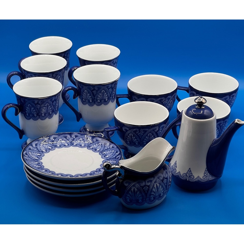 Bombay Co‎ Tea Set of 15 Arabesque Tile Pattern, Teapot, Cups, Saucers, Creamer